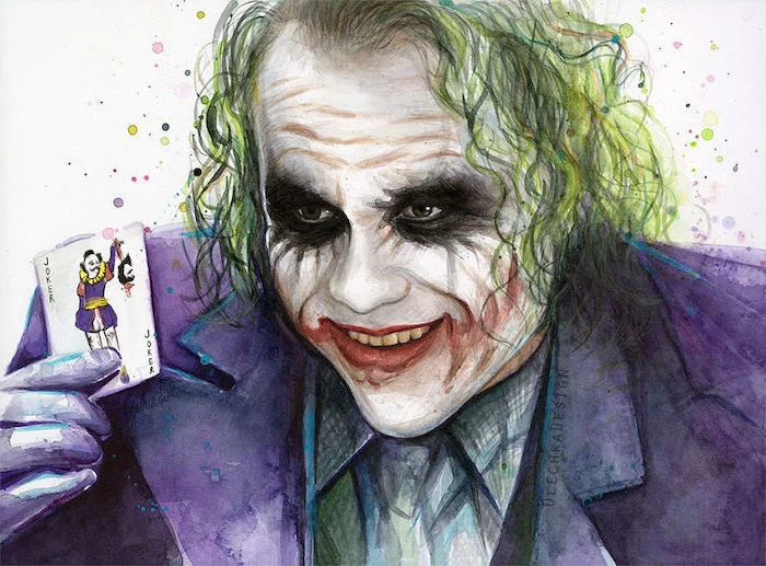 heath ledger as the joker, wearing purple suit, holding up a joker's playing card, watercolor painting ideas