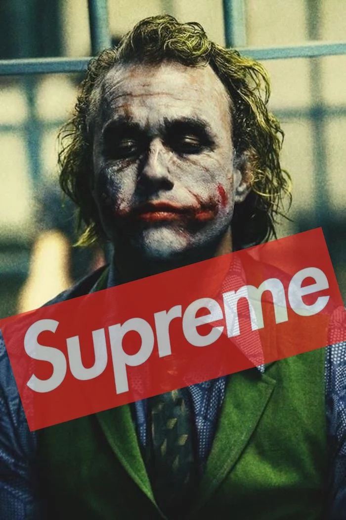 heath ledger as the joker photographed in jail cartoon supreme wallpaper supreme logo in red and white
