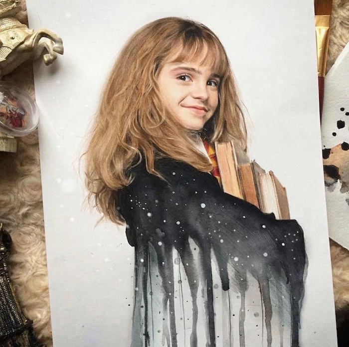 colored drawing, harry potter drawing ideas, watercolor drawing of her robe, hermione granger, realistic portrait drawing