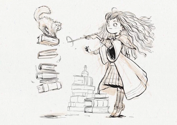 hermione granger, holding a wand, doing magic, harry potter drawing ideas, colored drawing, white background