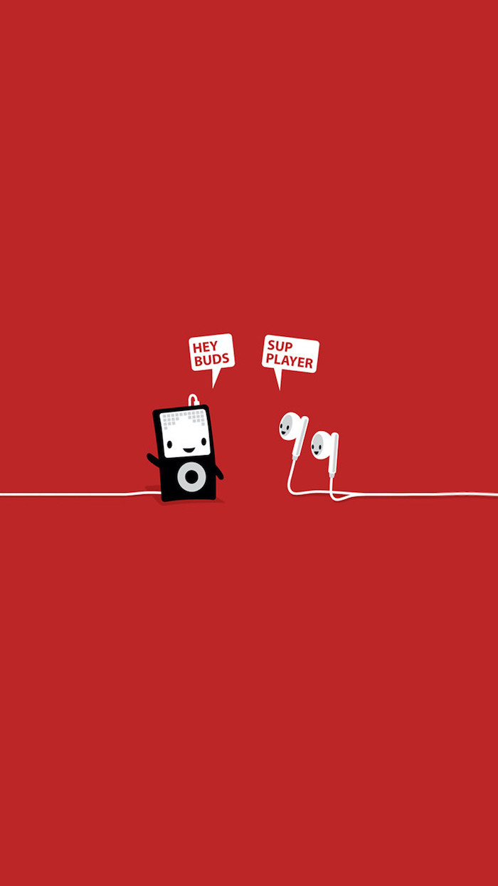 hey buds sup player funny computer wallpaper drawing of ipod and earphones on red background