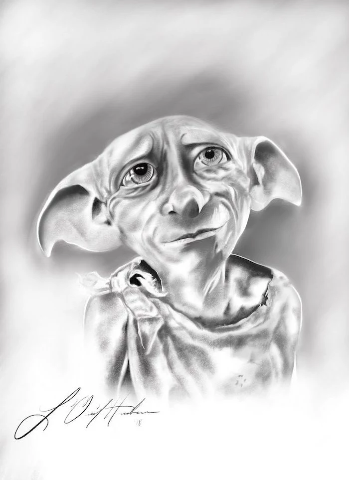 realistic portrait drawing, drawing of dobby, harry potter drawing ideas, black and white pencil drawing