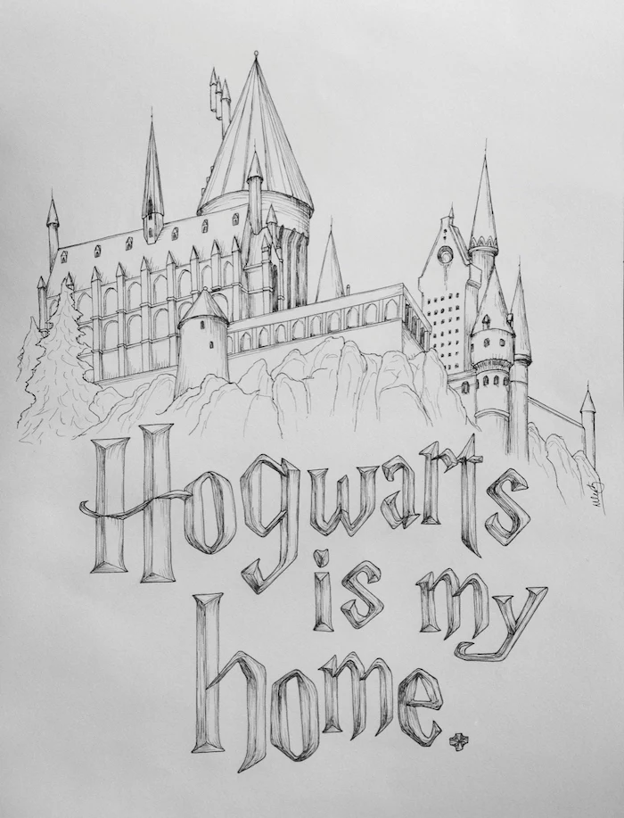 hogwarts is my home, drawing of hogwarts castle, harry potter things to draw, black and white pencil drawing