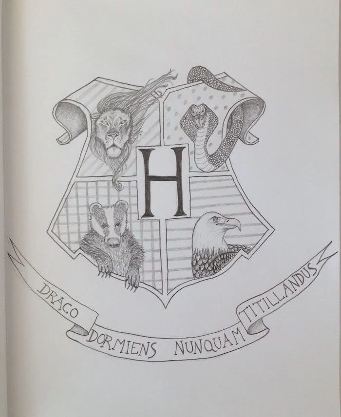 hogwarts symbol, harry potter things to draw, slytherin and gryffindor, hufflepuff and ravenclaw, black and white pencil drawing