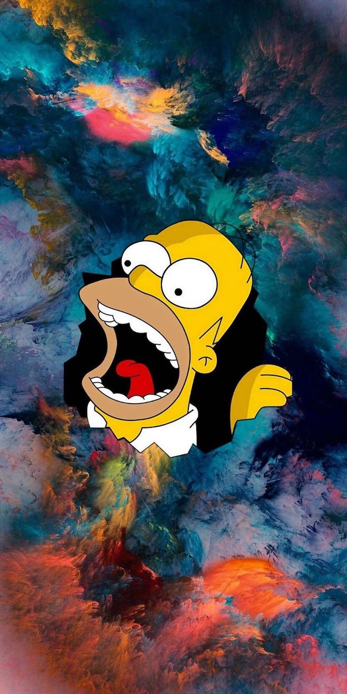 homer simpson coming out of a galacy sky photo funny phone wallpapers colorful clouds