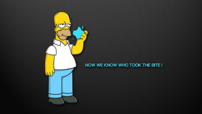 homer simpson taking a bite from an apple cool desktop backgrounds now we know who took the bite written in blue on black background