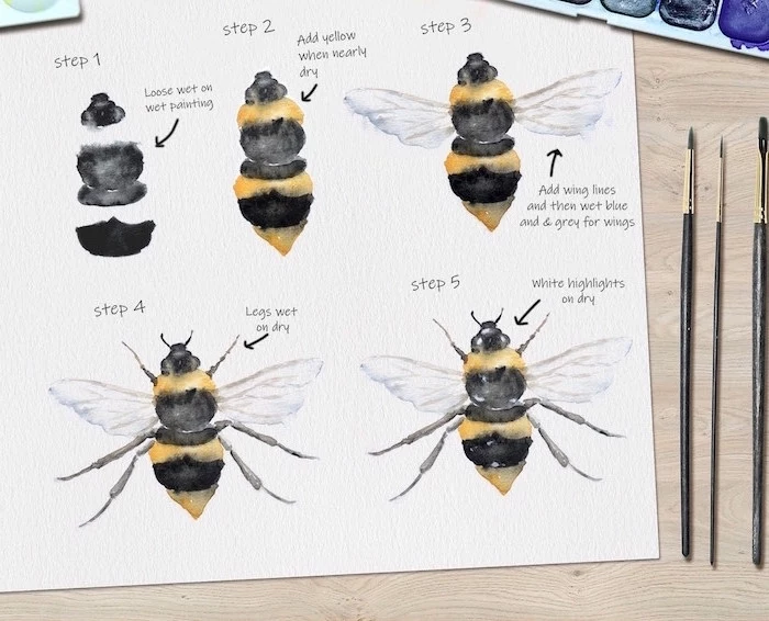 step by step diy tutoria, how to paint a bee, five step tutorial, easy watercolor paintings for beginners, white background