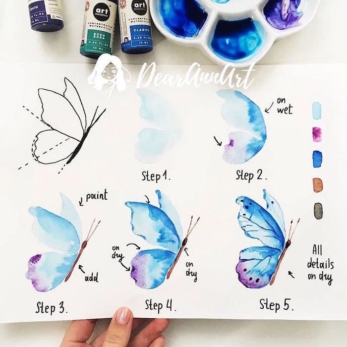 how to draw a butterfly, step by step diy tutorial, five step tutorial, easy watercolor paintings for beginners, white background
