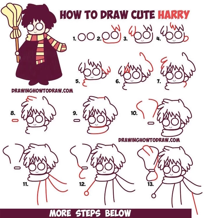 how to draw cute harry, step by step diy tutorial, harry potter things to draw, white background