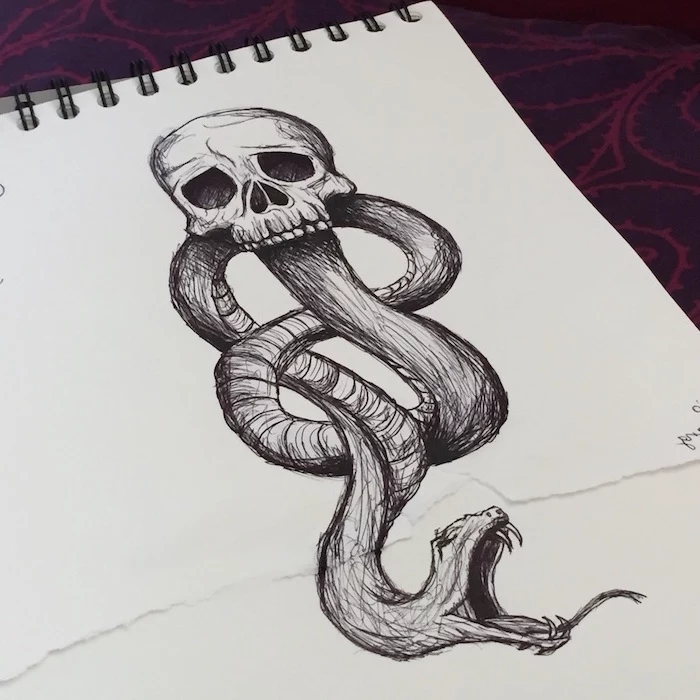 deatheaters symbol, how to draw hermione granger, long snake coming out of a skull, black and white pencil drawing