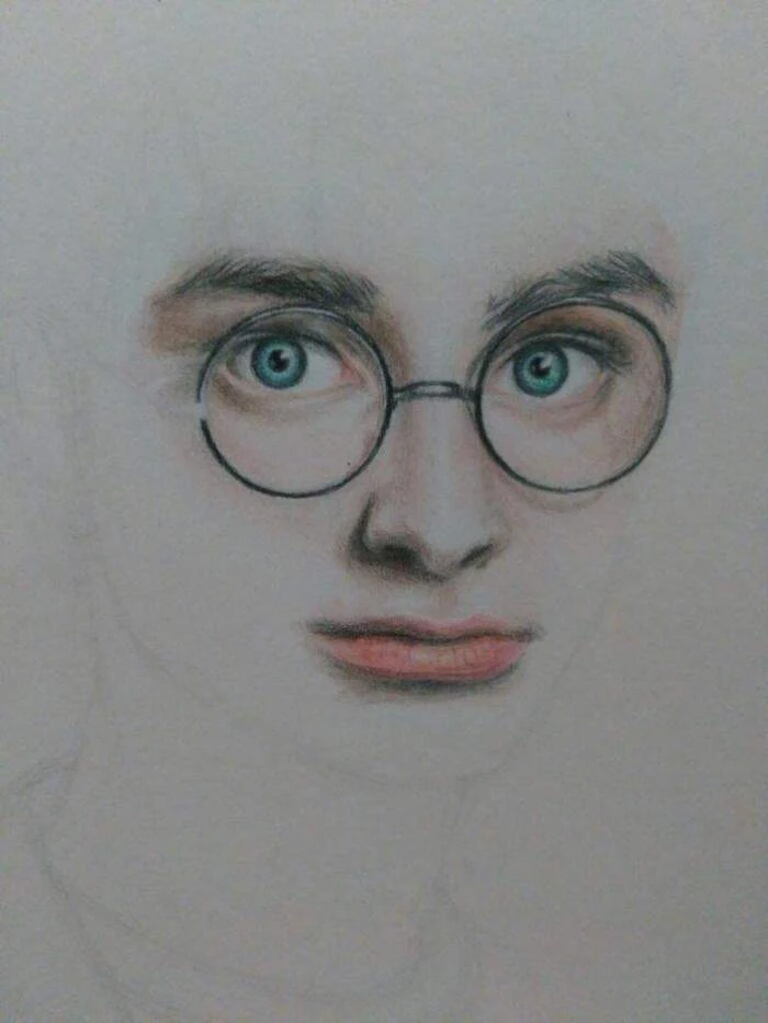 step by step diy tutorial, how to draw harry potter, blue eyes with glasses and lips, colored drawing