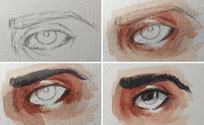 how to draw eyes, step by step diy tutorial, easy watercolor ideas, how to draw eyes in watercolor