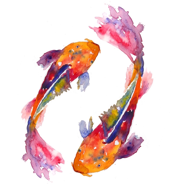 two koi fish, painted in different colors, painted on white background, easy watercolor ideas