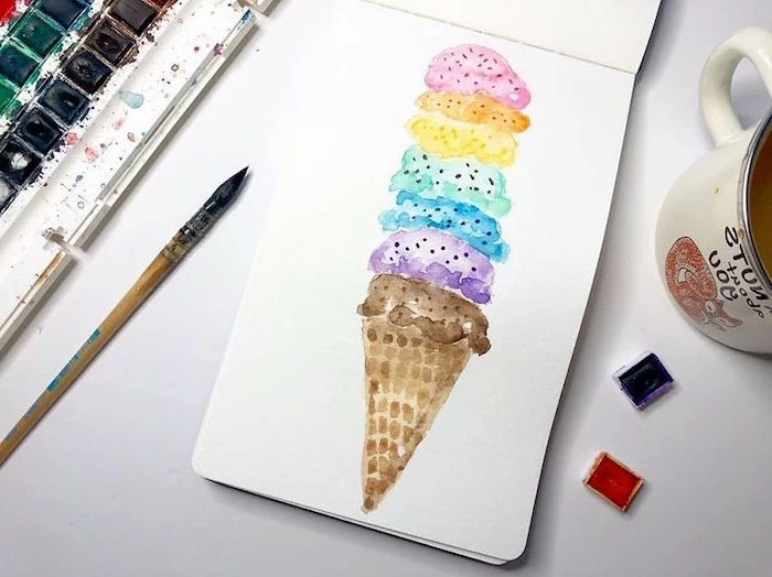 ice cream cone with lots of scoops, painted in different colors, how to use watercolor paint, painted on white background