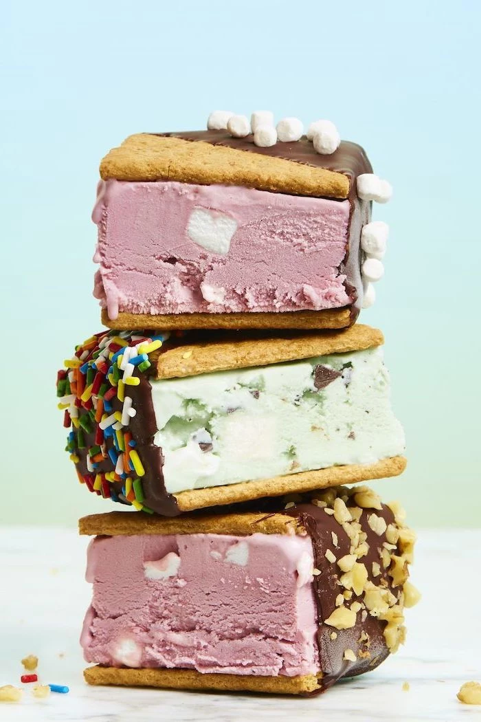 ice cream sandwiches with chocolate on top easy no bake desserts crushed nuts smores and sprinkles decoration