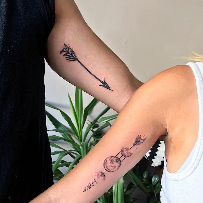 inside arm tattoos matching sibling tattoos arrows with roman numerals and planets