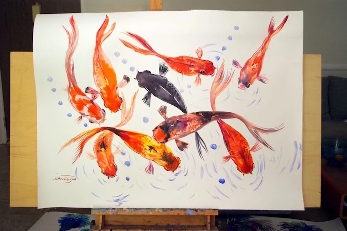 koi fish, painted in orange black and yellow, how to use watercolor paint, painted on white background