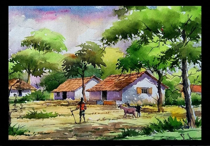 village landscape, shepherd with his goats, watercolor techniques, small houses, surrounded by tall trees