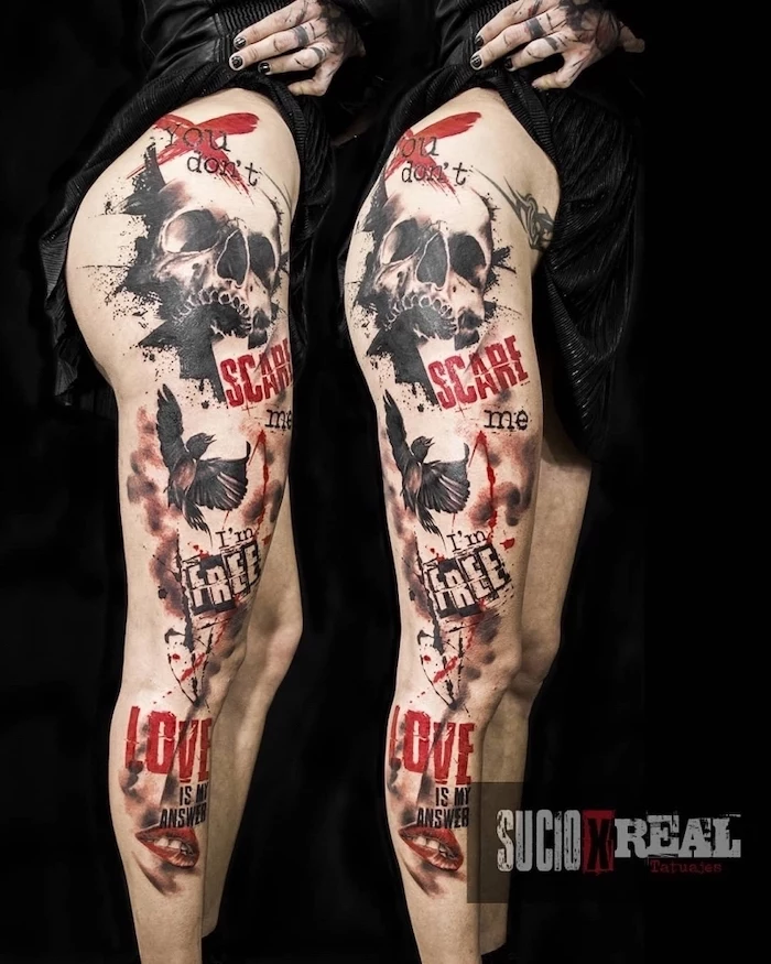 leg sleeve tattoo trash polka style skull bird female lips words written around them