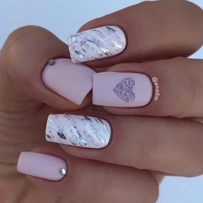 pink and white nail polish, decorations with silver glitter, french tip nail designs, decorations with rhinestones