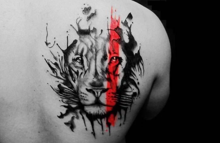 lion head with red line going through it back tattoo trash polka chest tattoo black and white photo
