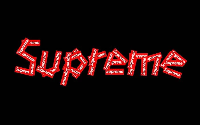 logo written with other small logos in red and white supreme background on black background