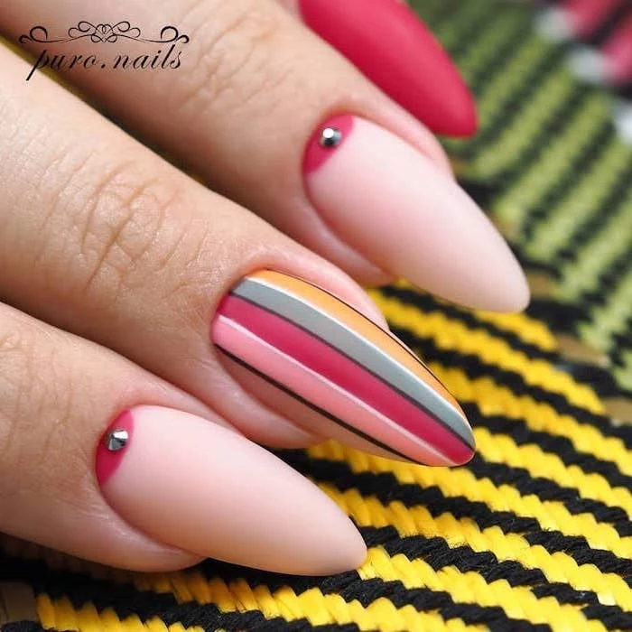 light pink nail polish, french tip nail designs, colorful lines decorations, matte nail polish
