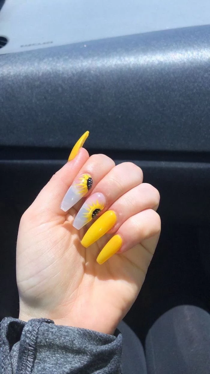 yellow nail polish, sunflower decorations, cute nail ideas, long coffin nails