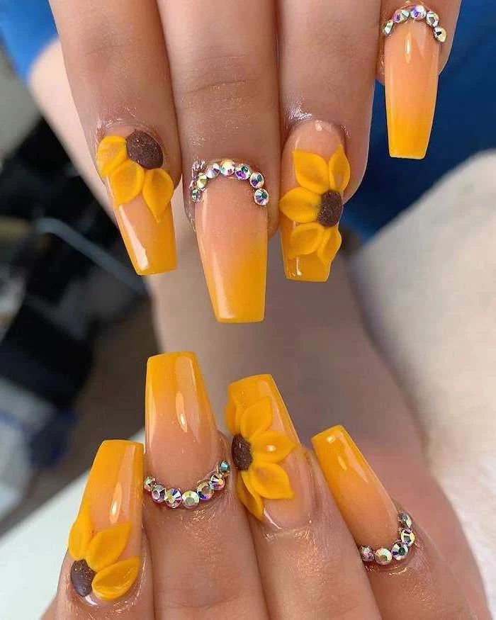 sunflowers decorations, nude and yellow nail polish, ombre nails, french tip nail designs, decorations with rhinestones
