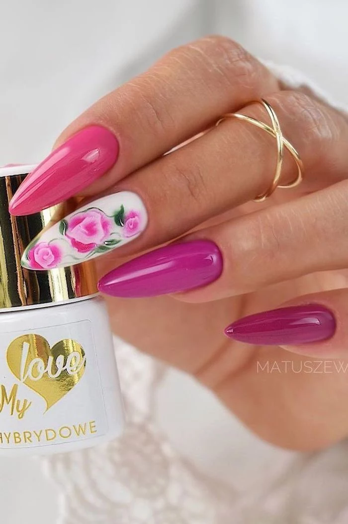 long coffin nails, pink nail polish, french tip nail designs, pink roses decorations
