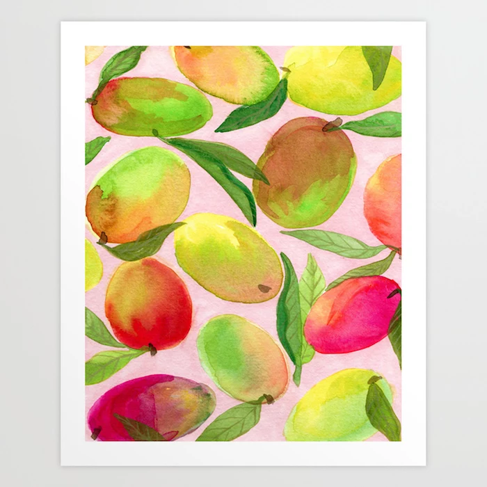lots of mangos, painted in different colors, watercolor techniques, pink background, framed and hanging on white wall