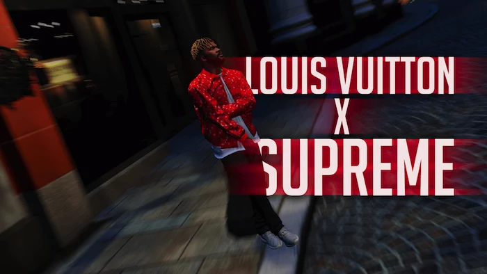 louis vuitton x supreme written in red and white supreme louis vuitton wallpaper man dressed standing on the sidewalk