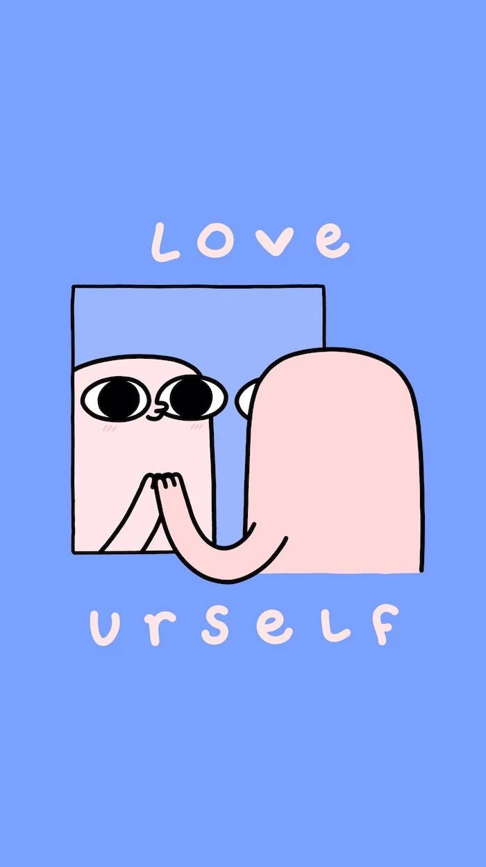 love urself funny wallpapers for phones cartoon character looking in the mirror blue background