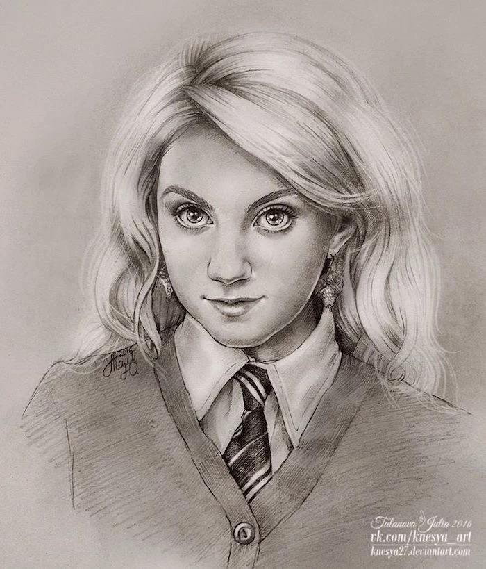 drawing of luna lovegood, how to draw hermione granger, realistic portrait drawing, black and white pencil drawing