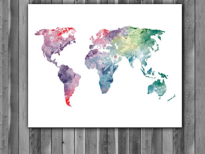 map of the world, painted in different colors, painted on white background, watercolor techniques, hanging on wooden wall