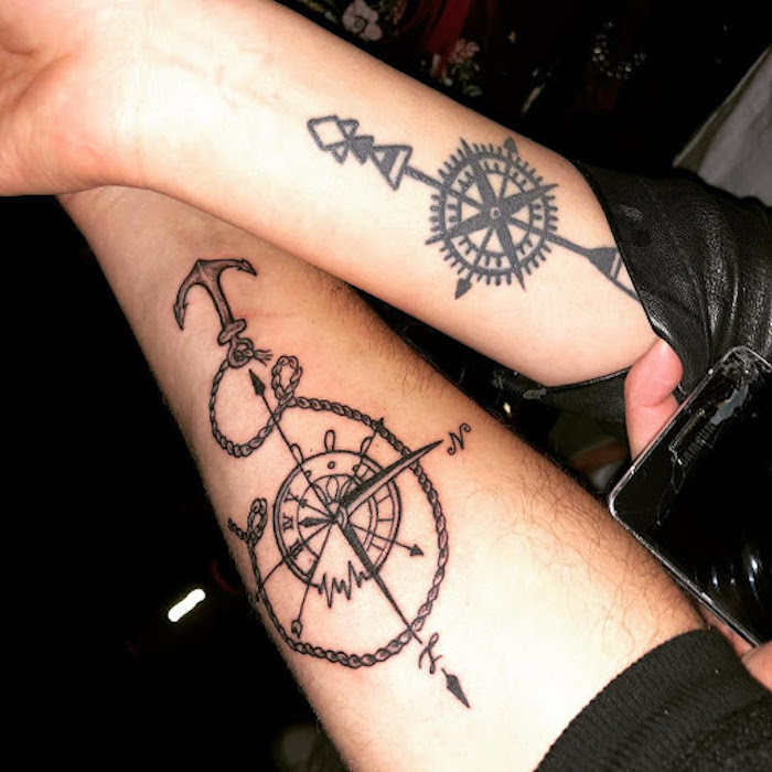 matching forearm tattoos with compasses with arrows brother and sister tattoo ideas anchor and rope