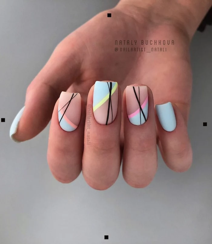 nude and blue matte nail polish, bright nail colors, abstract lines decorations, short square nails