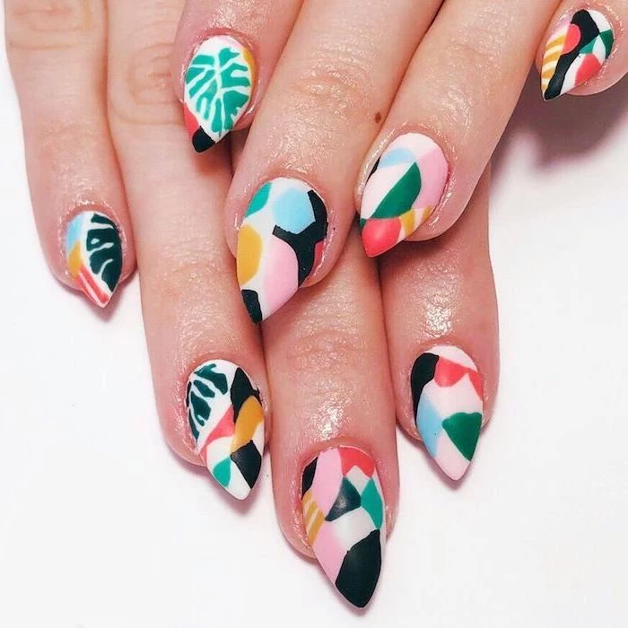 medium length stiletto nails, bright nail colors, white and pink matte nail polish, abstract decorations