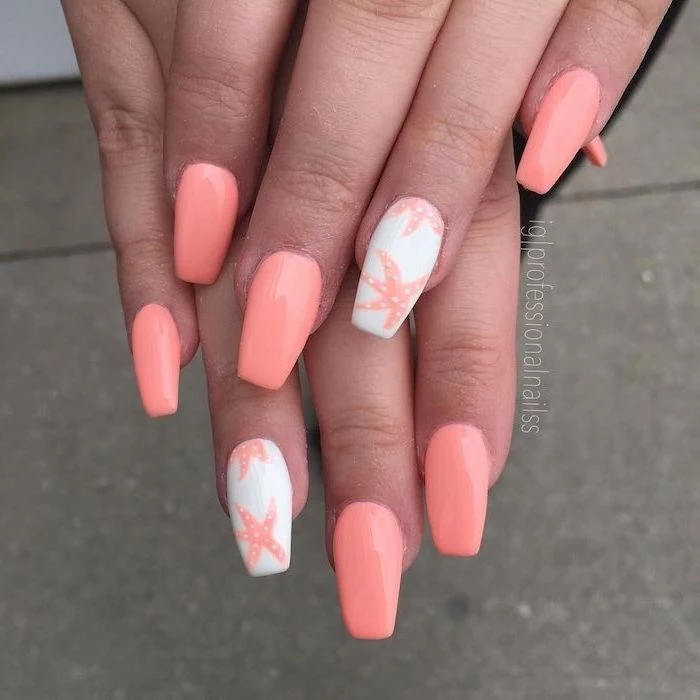 orange and white nail polish, bright nail colors, sea stars decorations, long square nails
