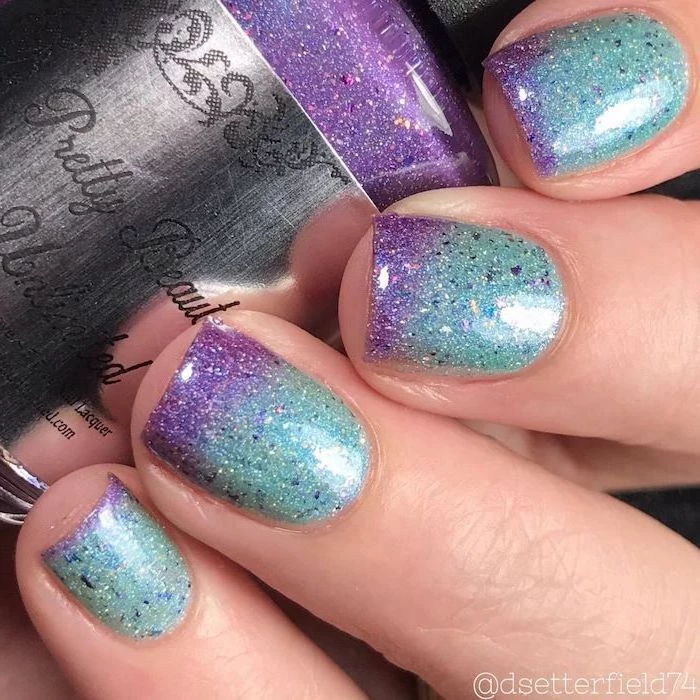 blue and purple glitter nail polish, ombre nails, nail ideas 2020, mermaid nails
