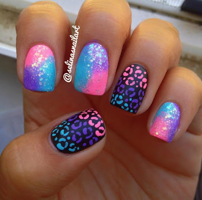 mermaid nails, ombre nails, nail ideas 2020, pink purple and blue glitter nail polish, leopard decorations