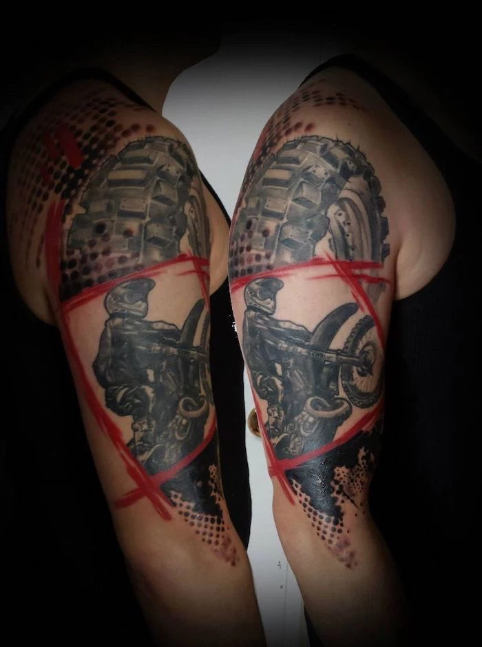motorist on bike trash polka sleeve red strokes large tire shouder tattoo side by side photos
