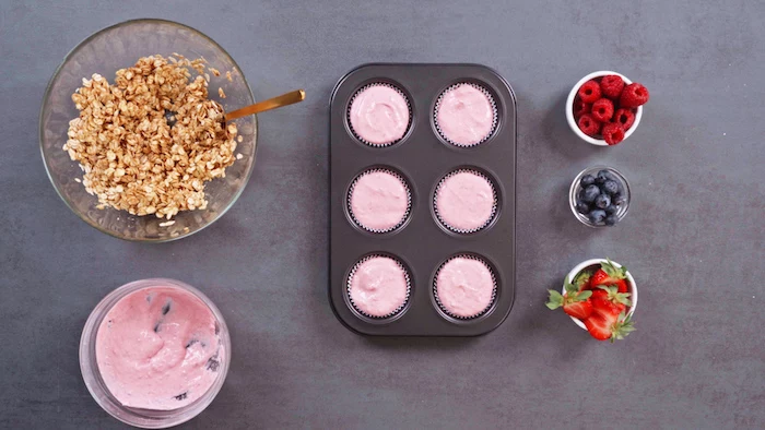 muffin tray with skyr cupcakes ingredients dessert ideas for party bowls with the ingredients on the side