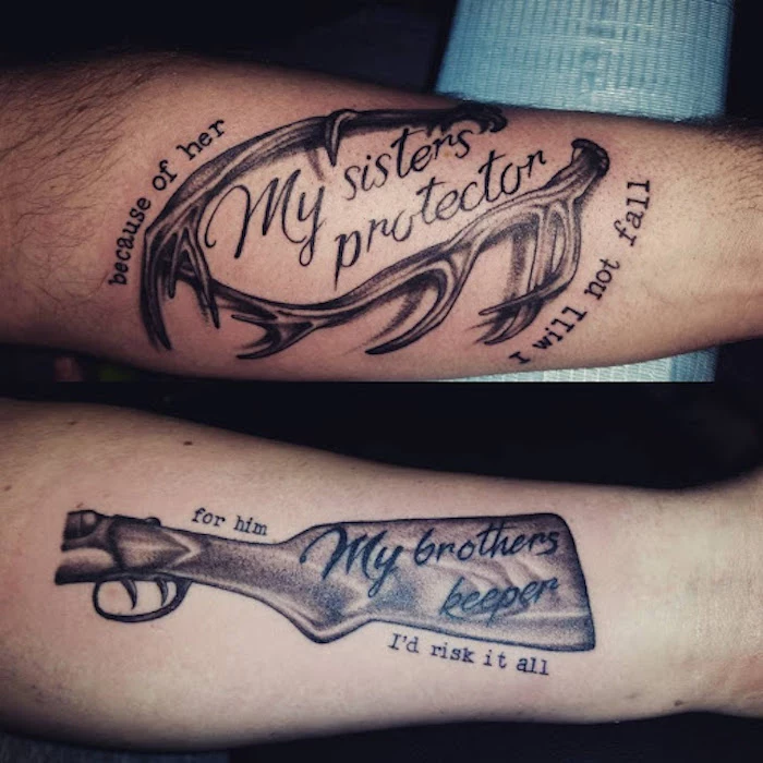 my sisters protector with deer horns forearm tattoos brother sister matching tattoos my brothers keeper with rifle