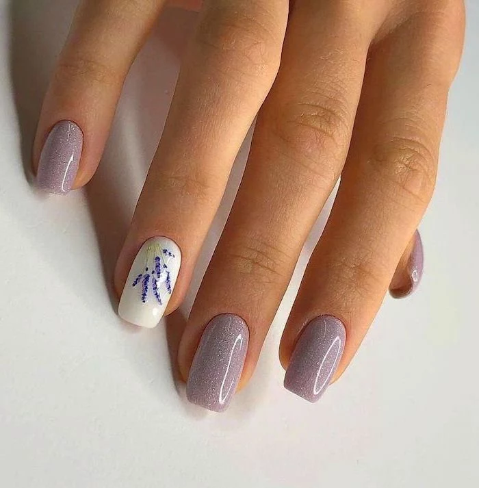grey glitter nail polish, nail ideas 2020, medium length square nails, lavenders decorations