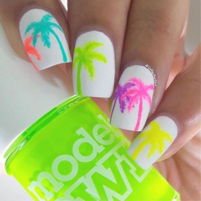 white nail polish, medium length square nails, cute nail ideas, palm trees decorations, neon nail polish