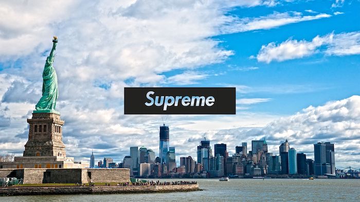 new york city skyline supreme background statue of liberty supreme logo in black and white at the forefront