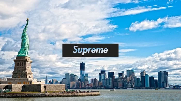 new york city skyline supreme background statue of liberty supreme logo in black and white at the forefront