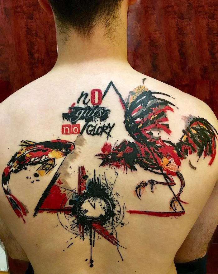 no guts no glory realistic trash polka style tattoo rooster fish in red black orange back tattoo