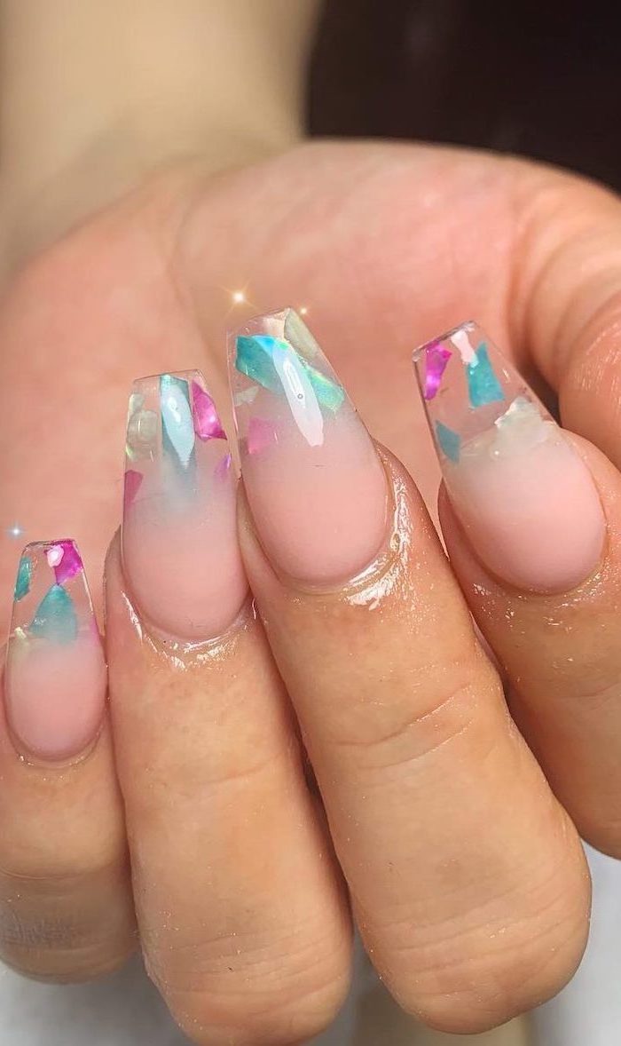 medium length coffin nails, nude nail polish, acrylic nail colors, pink and blue brush strokes decorations